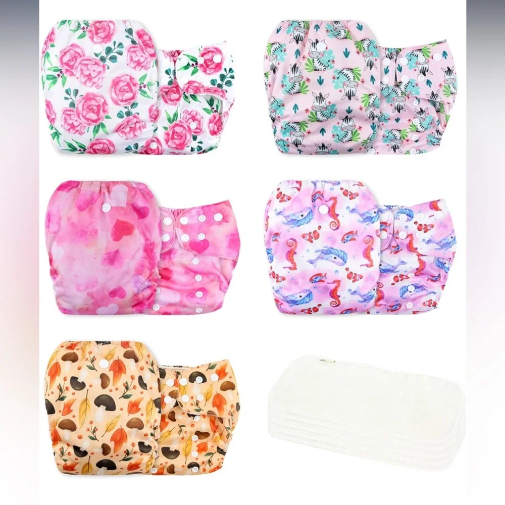 wegreeco Cloth Diapers 5 Pack with 5 Inserts, Washable, Reusable